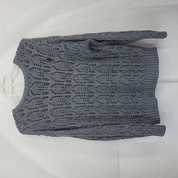 PRESWICK & MOORE Gray Silver Metallic Open Weave Crew Neck Sweater - Picture 7 of 11